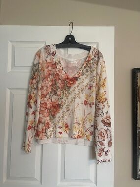 Anthropologie Cream V-Neck Sweater with Peach, Yellow & Green Floral Motif